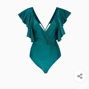 PAT BO Teal Emerald Green Ruffle Plunge One Piece Swimsuit‎ S